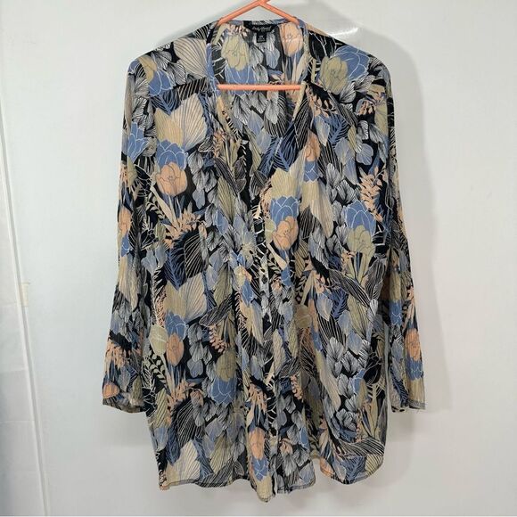 Lucky Brand Size 2X Multicolor Floral Print L/S Lightweight, Semisheer Blouse - Picture 1 of 10